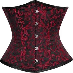 Elegant Red Brocade Underbust Corset with Black Trim